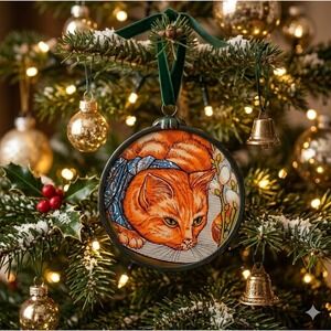 Vintage Style Ginger Tabby Cat Glass Ornament Suncatcher Blue Bandana Orange Cat